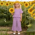 thumbnail image 2 of Gubotare Little Girls Outfits Girls formal Wear 2 Piece Outfits Button Ruffle Hem Puff Sleeve Blazer and Flare Pants Suit Set Size 6-7 (Purple,6-7 Years), 2 of 6