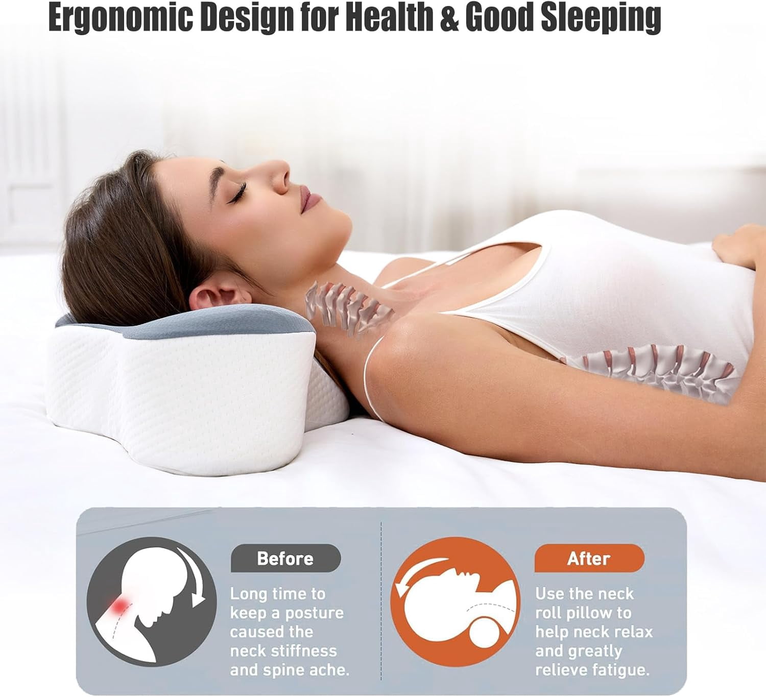 Ergonomic Travel Cervical Pillow for Neck Pain Relief, Packable Memory Foam Camping Pillow with Cooling Cover & Storage Bag,Neck Support for Car Road Trip Sleeping,Tents & Business Trips