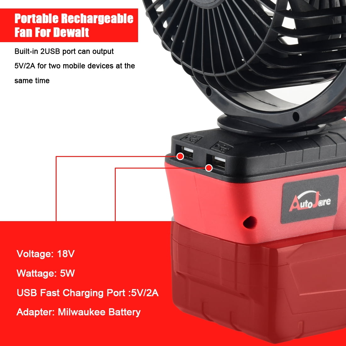 Portable Cordless Fan Fit for Milwaukee Battery, Battery Powered 360° Roating Fan Brushless Motor with 2 USB Charging Interface For Household, Office, Camping (No Battery)