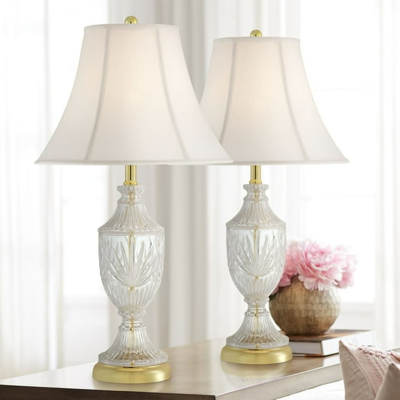 Regency Hill Traditional Table Lamps 26.5" High Set of 2 Cut Glass Urn Brass White Cream Bell Shade for Living Room Family Bedroom Bedside