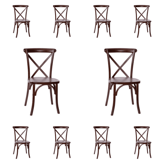 10 PACK Bistro Style Cross Back Walnut Wood Stackable Dining Chair - X Back Banquet Dining Chair