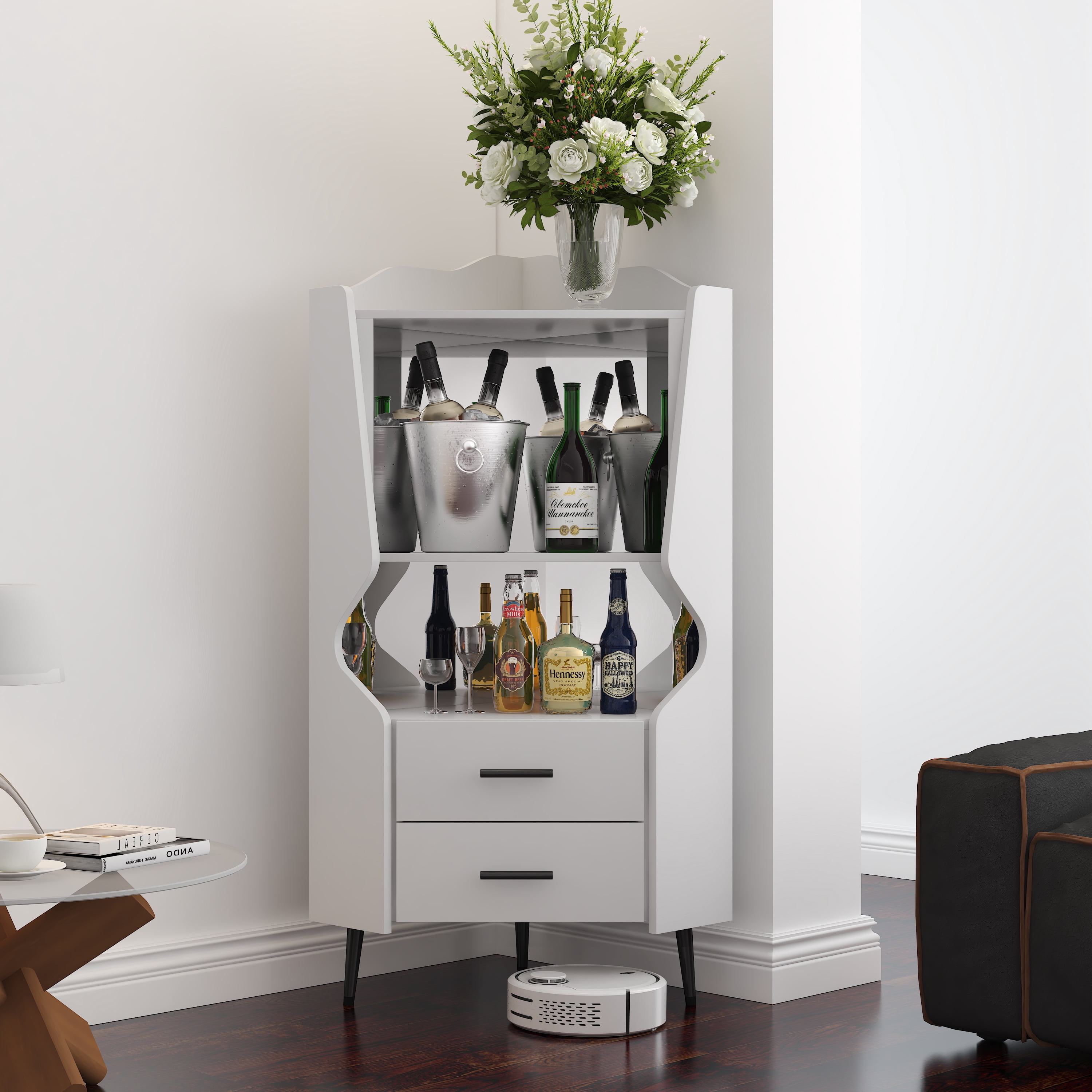 Leumius Corner Coffee Bar Cabinet with 2 Open Shelves and 2 Drawers,Mirrored Back Sideboard,High Legs for Dining Room,White
