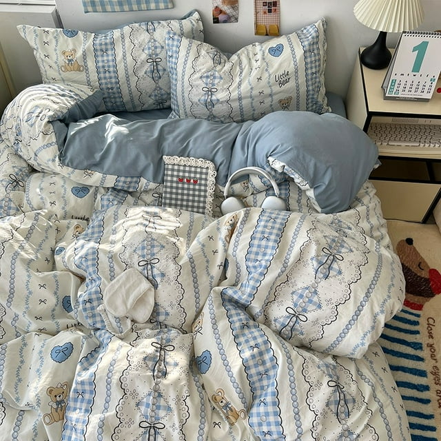 Double Print Waffle Cotton Bedding Set with Duvet Cover Pillowcases for Home