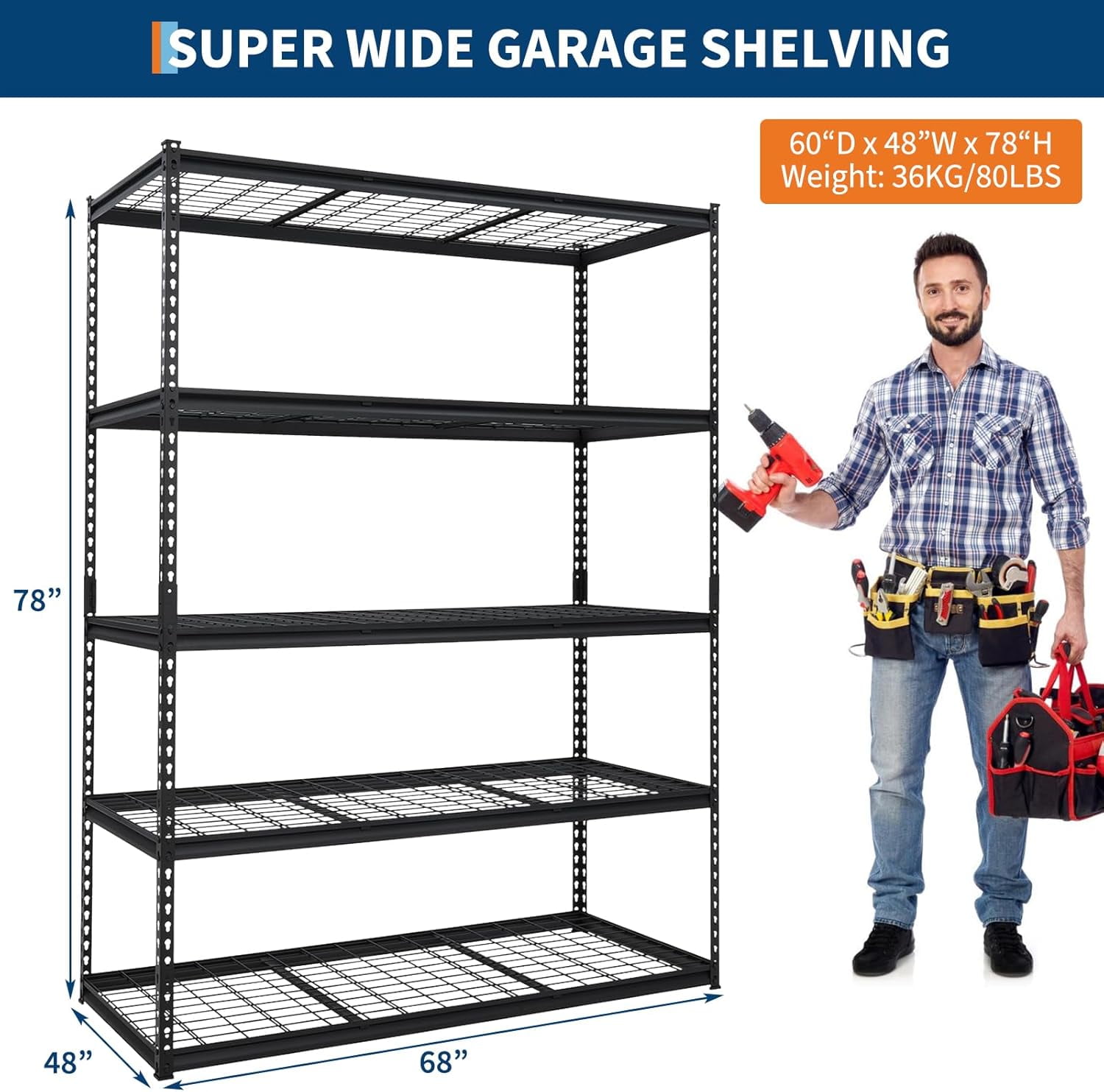 2500LBS 60" W x 24" D x 72" H Heavy Duty Garage Shelving, Adjustable 5-Tier Storage Shelves, Industrial Metal Shelving Units, Steel Organizer Wire Rack, Black