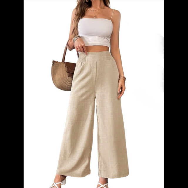 Pantalon Long à Taille Élastique Smockée pour Femmes, Jambe Droite, Taille Haute