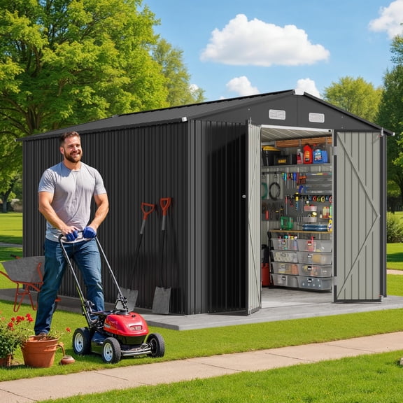 10'x10' Outdoor Storage Shed, Lofka Large Metal Garden Shed with  Lockable Double Doors & 4 Vented Windows,for Patio,Gray