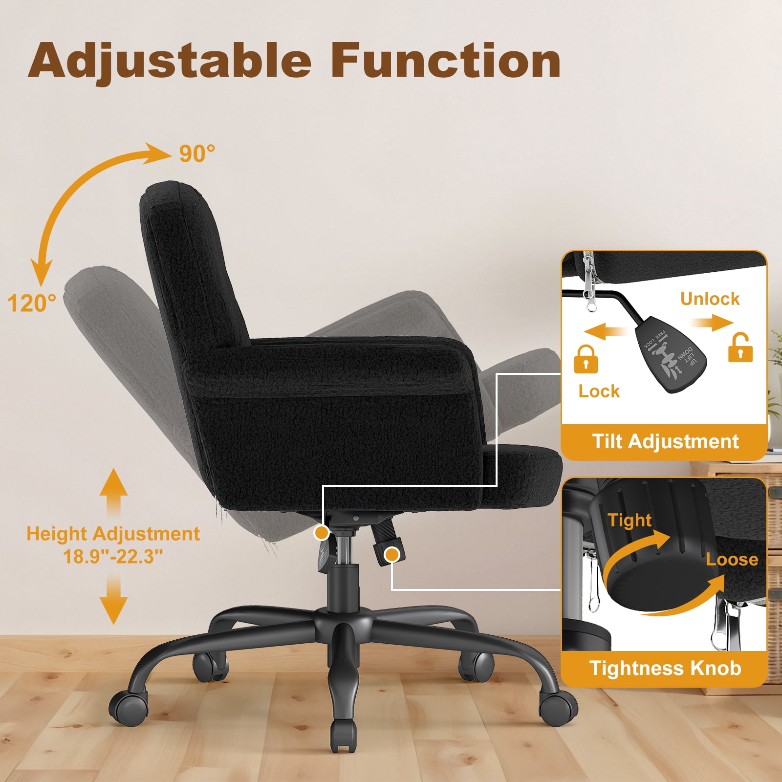Home Office Chair Mid-Back Upholstered Tufted Computer Task Chair Height Adjustable Swivel Accent Chair Black