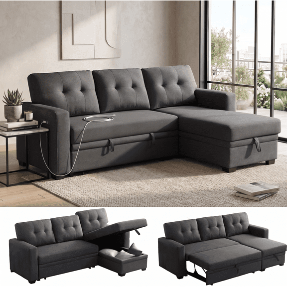 TiramisuBest 82" Sectional Sleeper Sofa Bed, L-Shaped Sleeper Pull Out Couch with Storage Chaise & USB Ports, Thick Sponge Linen Fabric Sectional Couch for Living Room Small Apartment (Dark Grey)