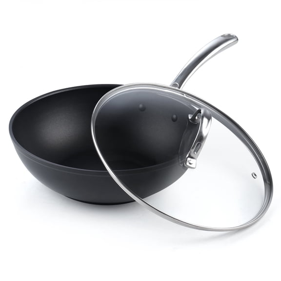 Cooks Standard Classic 11 Inch Nonstick Wok Pan with Lid, Hard Anodized Non Stick Deep Frying Pans, Flat Bottom Wok for Stir Fry, Dishwasher & Oven Safe, Black