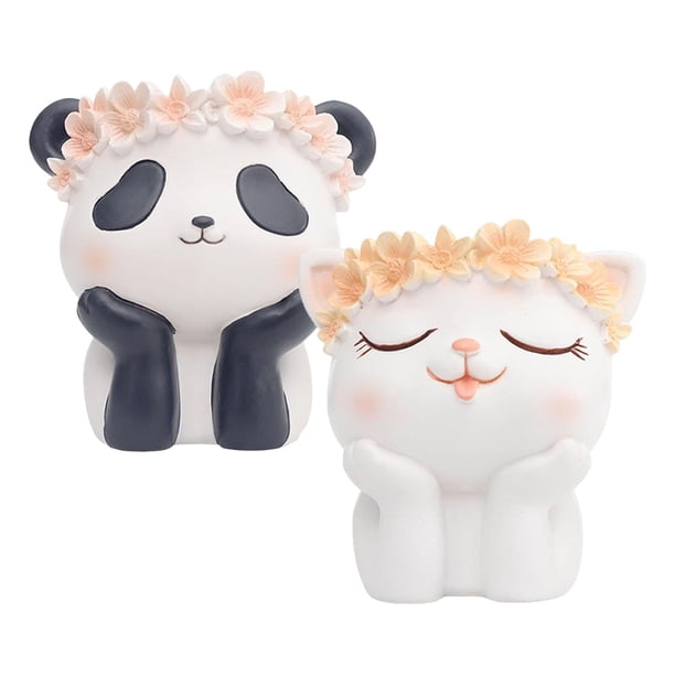 2 piezas de maceta de resina con forma de animal, bonsái, soporte para bolígrafos, jarrón de mesa para sala de estar gatito y panda