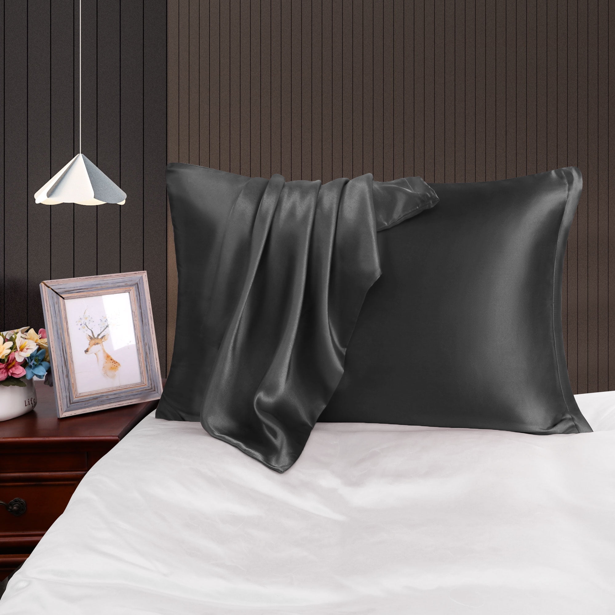 Unique Bargains Satin Set of 2 Zipper Closure Pillowcases Black 20"x30"