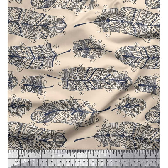 Soimoi White Rayon Crepe Fabric Tribal Feather Fabric Prints By Yard 46 Inch Wide
