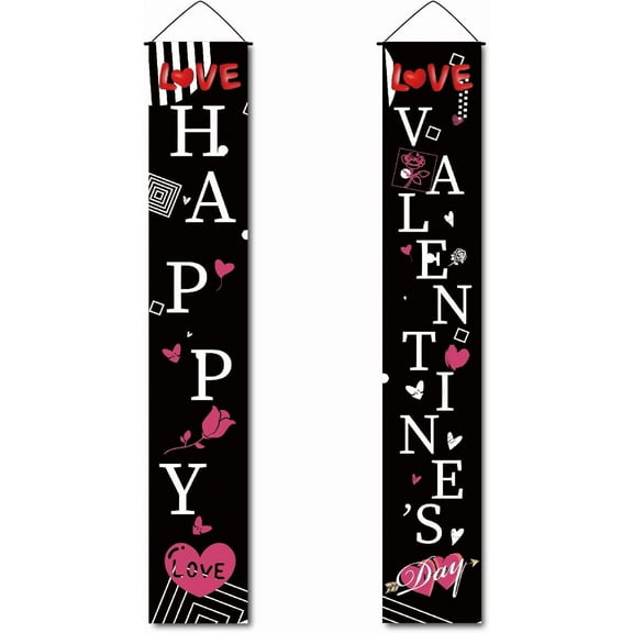 Happy Valentine's Day Porch Sign Love Heart Hanging Banner Wall Decor Romantic Flags Welcome Banners for Holiday Home Fireplace Indoor Outdoor Garden Party Decor 11.8 x 70.8inch (Black)
