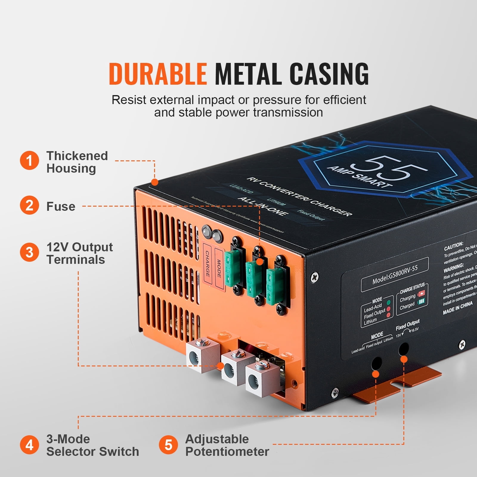 KFFKFF RV Power Unit, 55A, Converts 110V AC to 12V DC, 4-Stage Intelligent Charging, 13-16.5V Adjustable Range, Works with Lithium and Lead Acid Batteries, ETL Certified