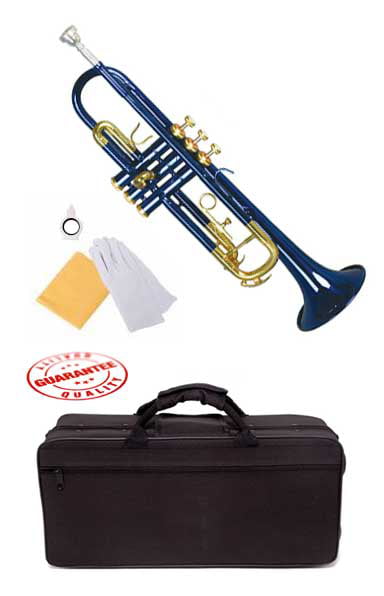 Blue trumpet with case and mouthpiece