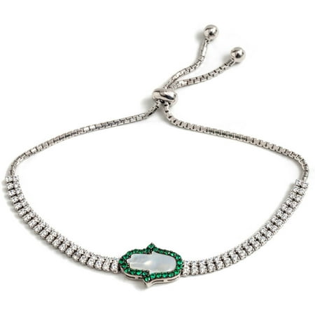 Pori Jewelers Green CZ and Opal Sterling Silver Hamsa Friendship Bolo Adjustable Bracelet