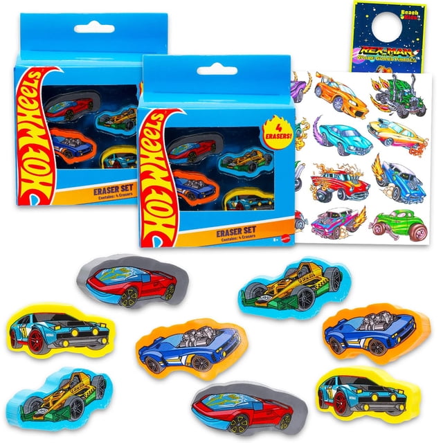 Set de material escolar con gomas de borrar Hot Wheels con coches de carreras y tatuajes