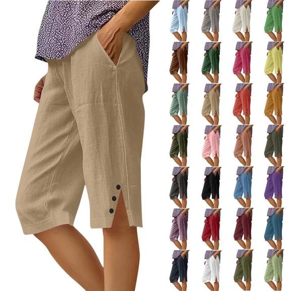 Juesizh Cotton Linen Shorts for Women Plus Size Solid Color Bermuda Shorts Casual Loose Straight Leg Summer Pants, S-5XL