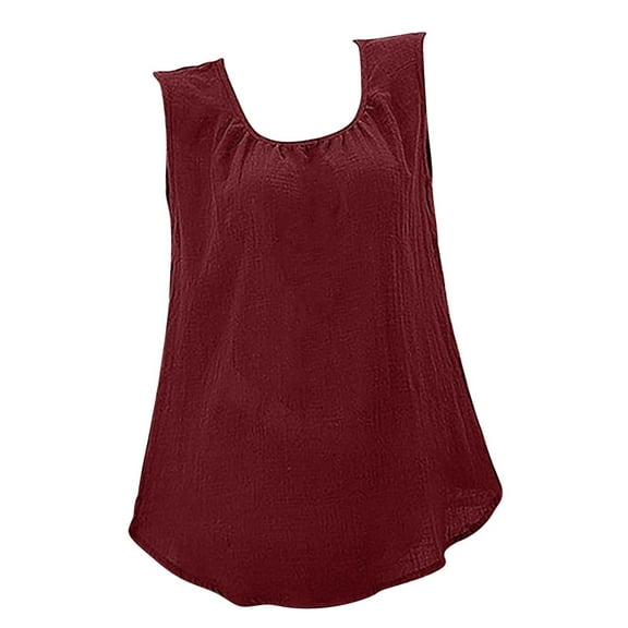 USSUMA Cotton Linen Loose Tank Top Summer Tops for Women 2022 Trendy Loose Flowy Solid Womens Tunic Tops Round Neck Basic Shirts Tees Sleeveless Dressy Blouses for Women
