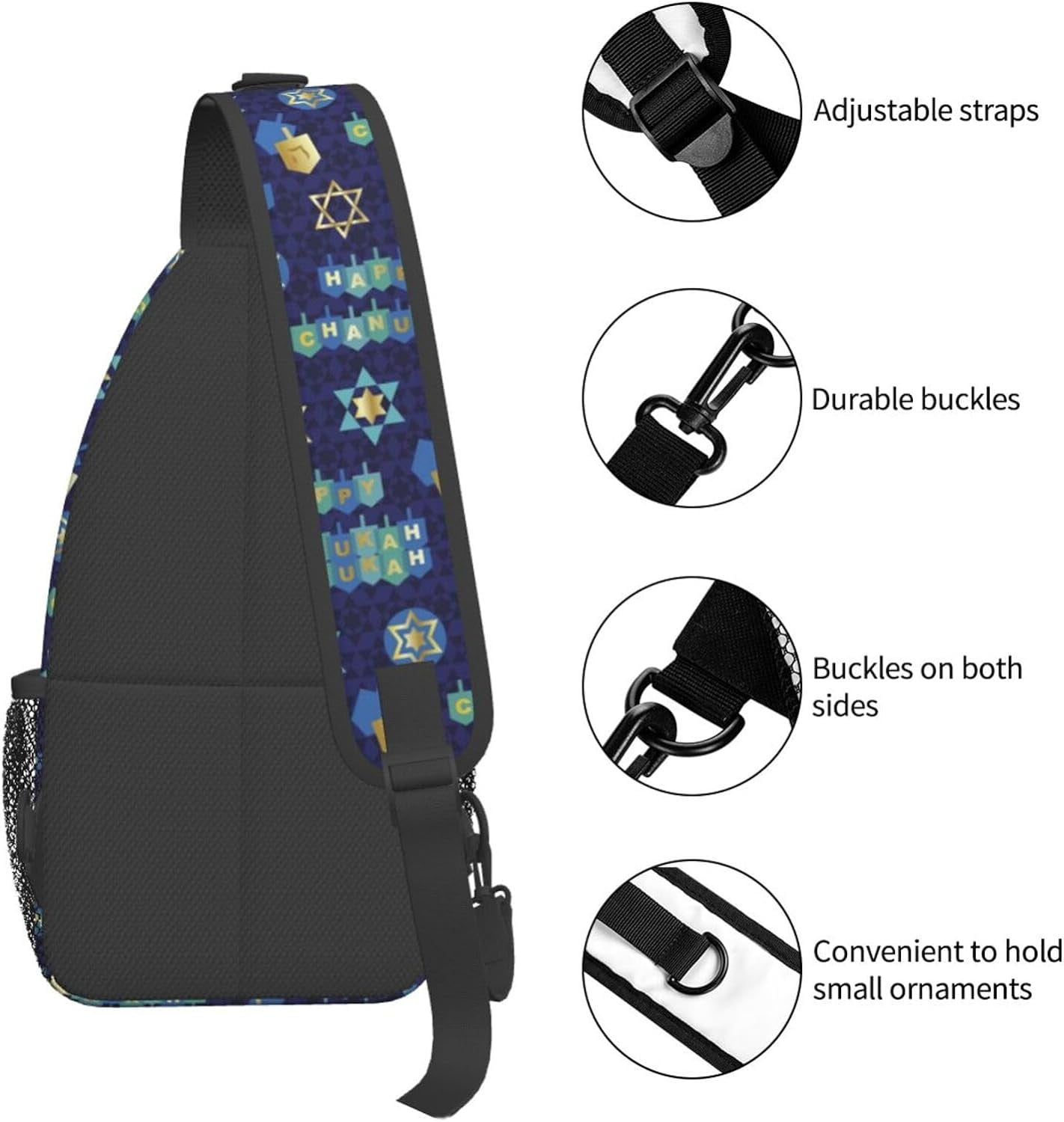 Happy Hanukkah Jewish Chanukah Holiday Sling Bag Crossbody Hiking Travel Chest Bags Backpack Shoulder Daypack for Women Men