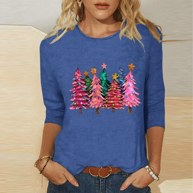 FcBaudy Hauts pour Femmes, Blouses & Chemises à Manches Longues Col Rond, Chemises pour Femmes Mode de Noël T-shirt Décontracté Imprimé Col Rond Manches 3/4 Blouse Femme Blouse en Polyester