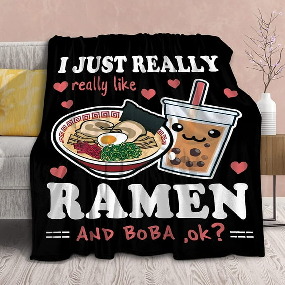 Ramen Boba Blanket Anime Fleece Throws, Kawaii Gift for Girls Teen Loves Noodles Bubble Tea 40x50 Inches Super Soft Lightweight Flannel Blankets, Suitable for All-Season and Bed Sofa
