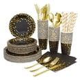 thumbnail image 2 of Suministros para fiestas, 200 vajillas desechables con puntos dorados, platos de papel, vasos, tenedores de plástico, cuchillos, cucharas para graduac Negro Yotijar Vajilla desechable, 2 of 10