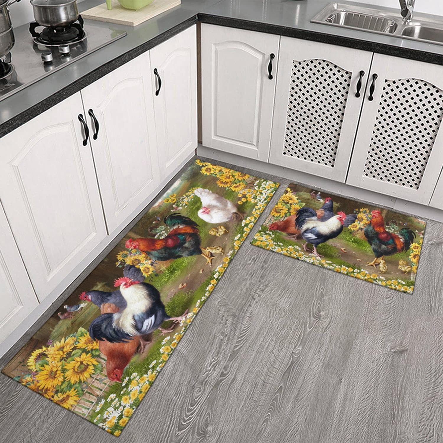 Rooster Theme Kitchen Rug 2 Piece Set, Farmhouse Decor Kitchen Floor Mat, Absorbent and Non-Slip Washable Runner Rug, Chicken Sunflower Decorations Kitchen Mats 17"x47"+17"x30"