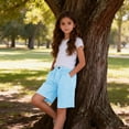 thumbnail image 5 of Girls Cotton Linen Shorts, Plaid Button Elastic Waist Bermuda Shorts with Pockets, Loose Fit Casual Summer Bottoms for Girls 4-14 Years, 5 of 9