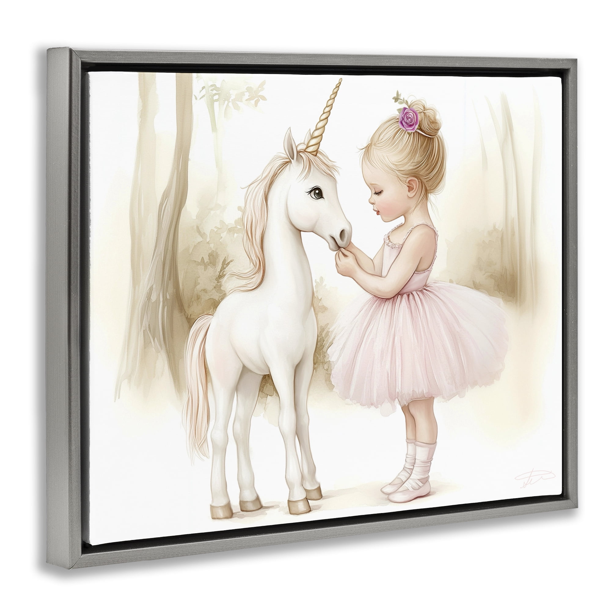Stupell Industries Girl & Unicorn Friendship Gray Framed Floater Canvas Wall Art, design by Whimsical Wonders