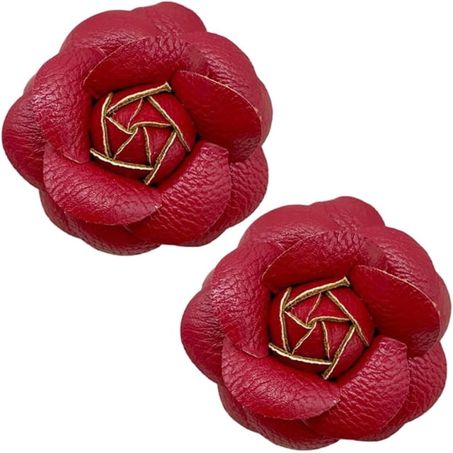2 broches de flores de cuero sintético, alfileres para zapatos, adornos para sandalias de cuero rojo, elegantes clips para zapatos, horquillas de camelia, abalorios para bolsos.