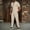 Khaki, variant on Men's Waffle Knit 2 Piece Tracksuit Outfit, Mandarin Collar Short Sleeve Button Down Shirt & Drawstring Straight Leg Pants Big and Tall Size S-3XL White