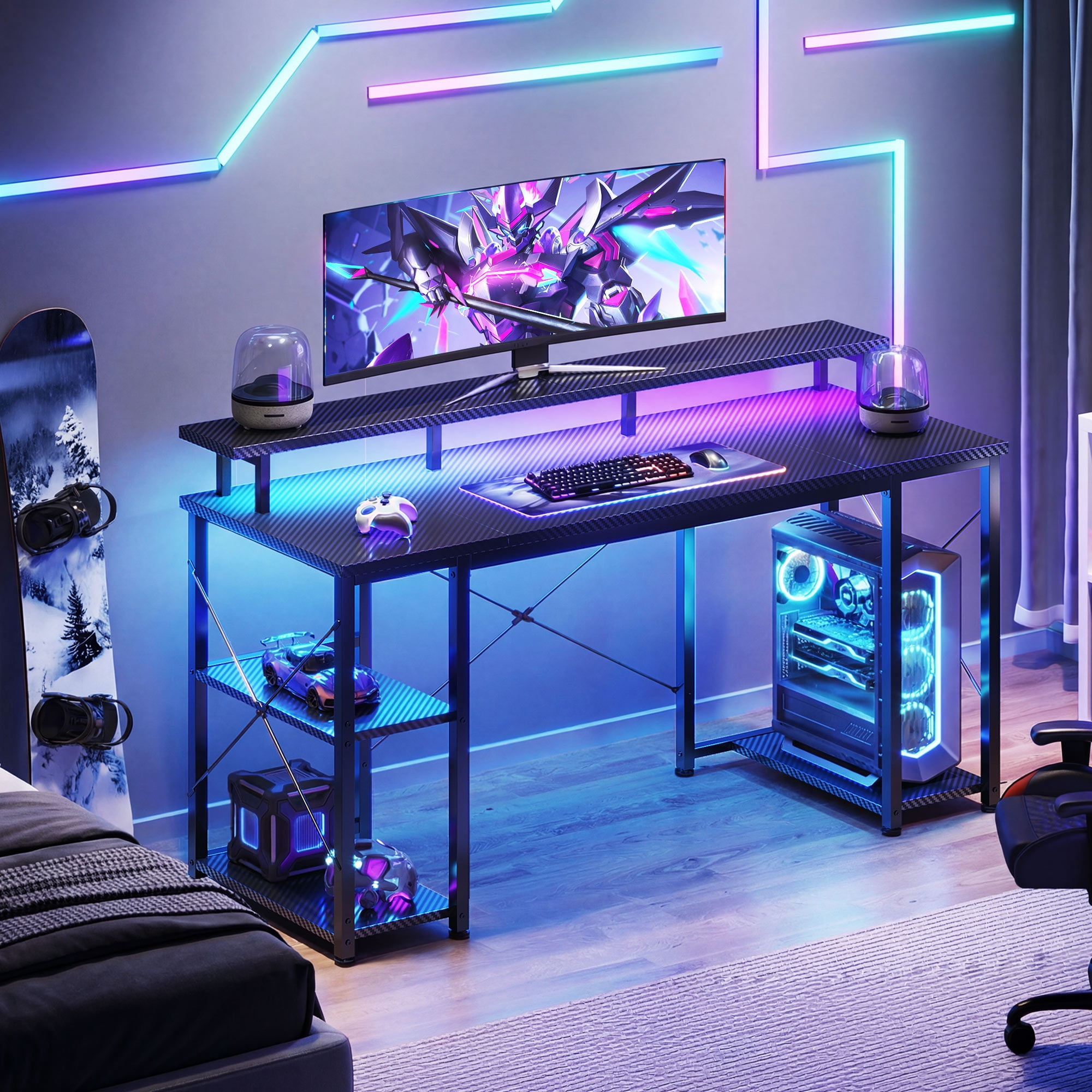 Casacomoda 48 Inch Gaming Desk with LED Lights, Computer Desk with Monitor Stand, Storage Shelves and CPU Stand, Home Office Desk, Black