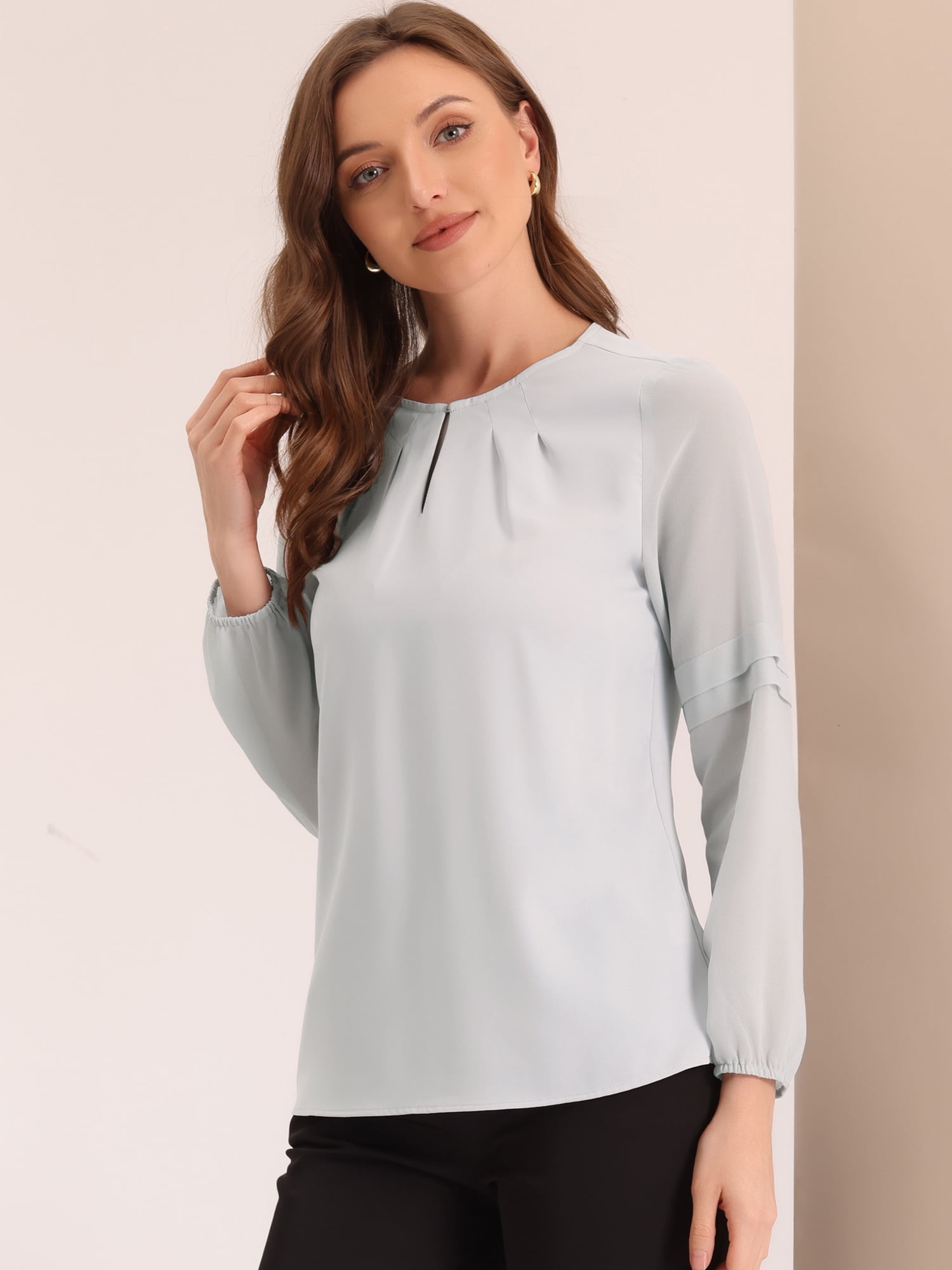 DARING DIVA Chiffon Semi Sheer Long Sleeves Keyhole Neck Blouse L Light Grey
