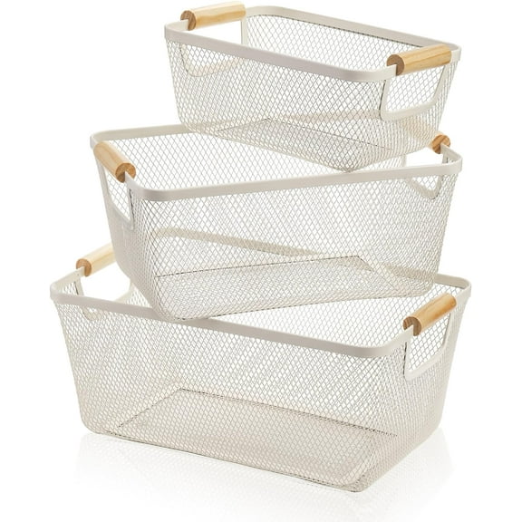 3 Pack Metal Mesh Baskets with Wood Handle, Iron Storage Organizer Basket, Cream White Wire Countertop Baskets for Organizing, Cabinet Pantry Closet Bedroom Kitchen(3 Size)