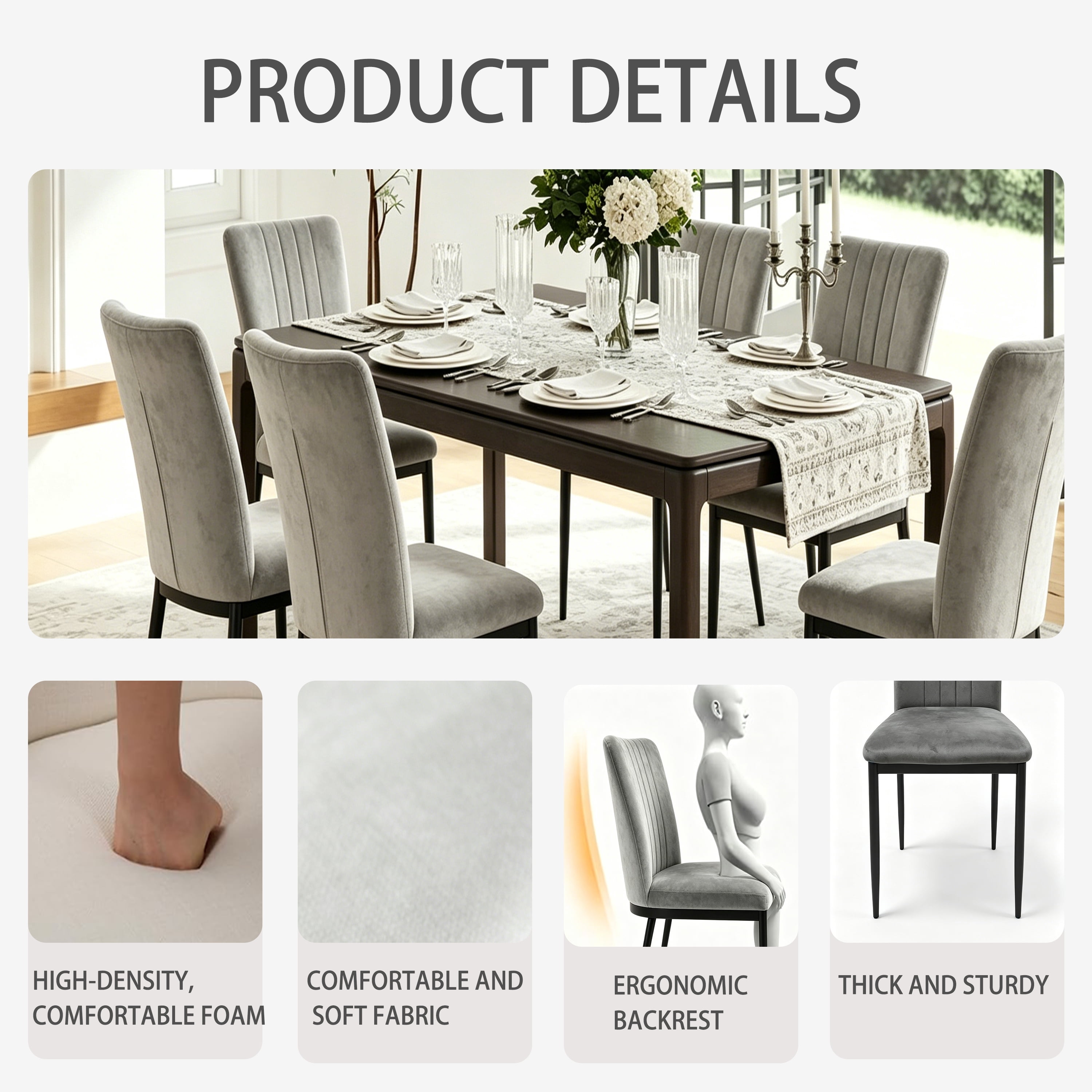 Dining Chairs Set of 4, Velvet Upholstered with Metal Legs and Adjustable Feet, Modern Kitchen Chairs for Dining Room and Living Room, Dark Grey
