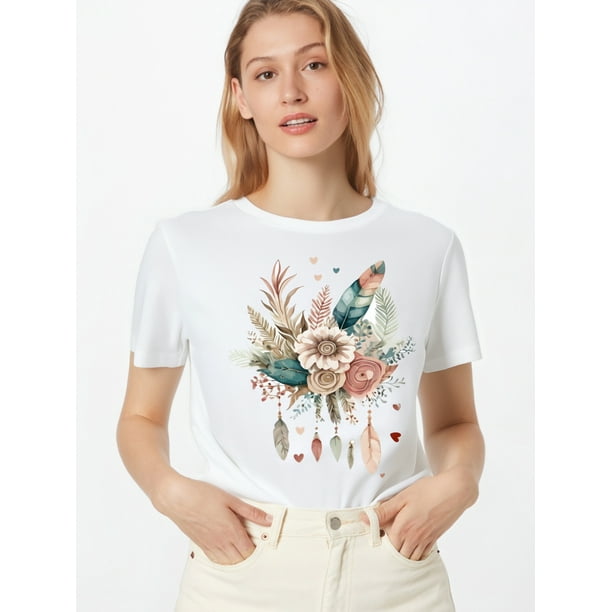Camiseta con estampado de flores y plumas para mujer. Elegante camiseta de manga corta y cuello redondo para primavera y verano. Ligera, transpirable y moderna. Para adultos, hombres, mujeres, adoles