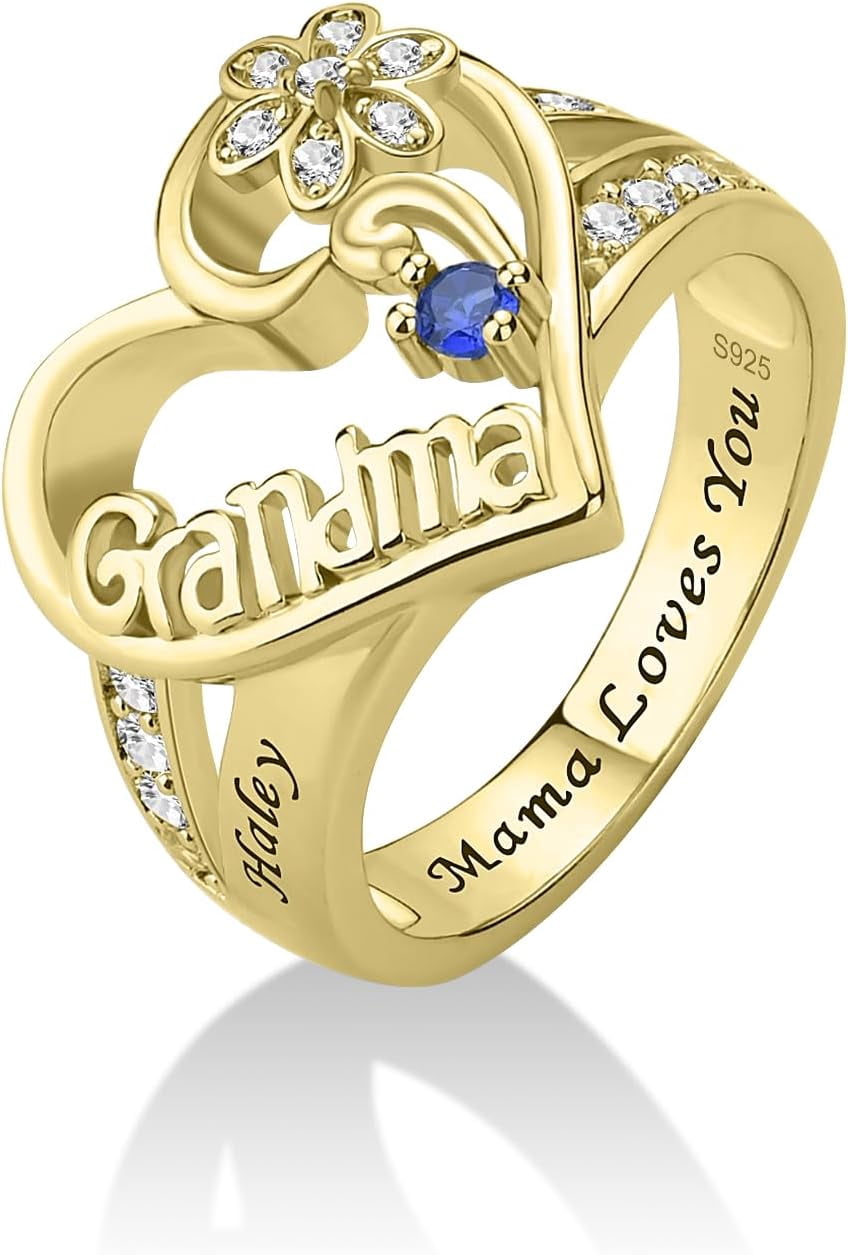 Custom Sterling Silver Mother's Ring With 1-8 Birthstones - Personalized Family Heart Ring