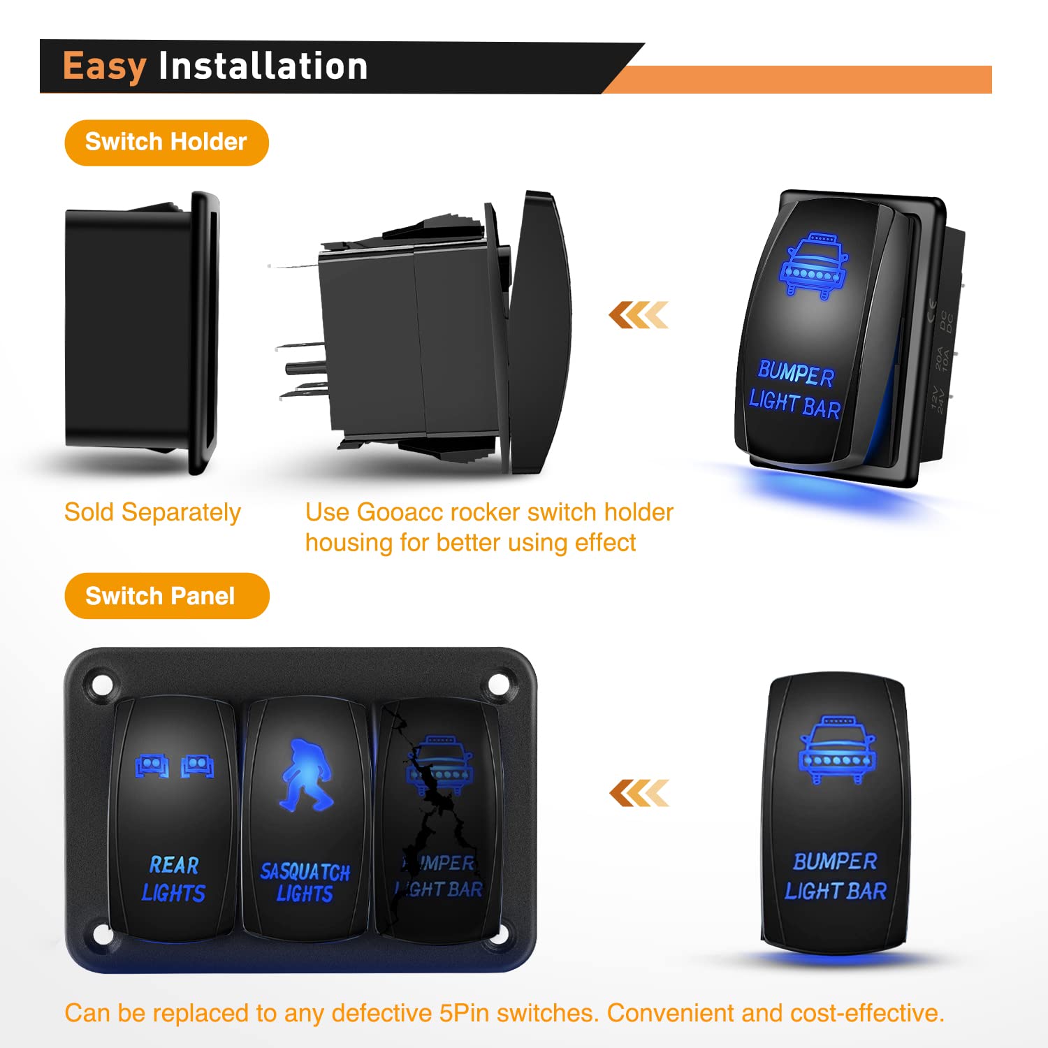 Waywe Bumper Light Bar Rocker Switch Led Lights Bars 5 Pin Laser On Off Switches 20A 12V 10A 24V Jumper Wires Set