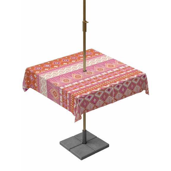 Outdoor Tablecloth with Umbrella Hole for Patio/Picnic/Party/Camping, Pink Orange Boho Waterproof Table Cloth Square Cover Washable, Vintage Ethnic Tribe Abstract Art (54"x 54")