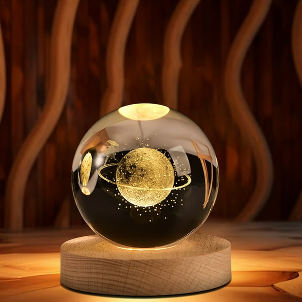 Xihbxyly Luz de Noche de Cristal, Temática Del Sistema Solar de Saturno y Galaxia, Recargable Por Usb, Lámpara de Cristal Grabada, Luz Blanca Cálida, Decoración para Dormitorio y Sala de Estar, Regal