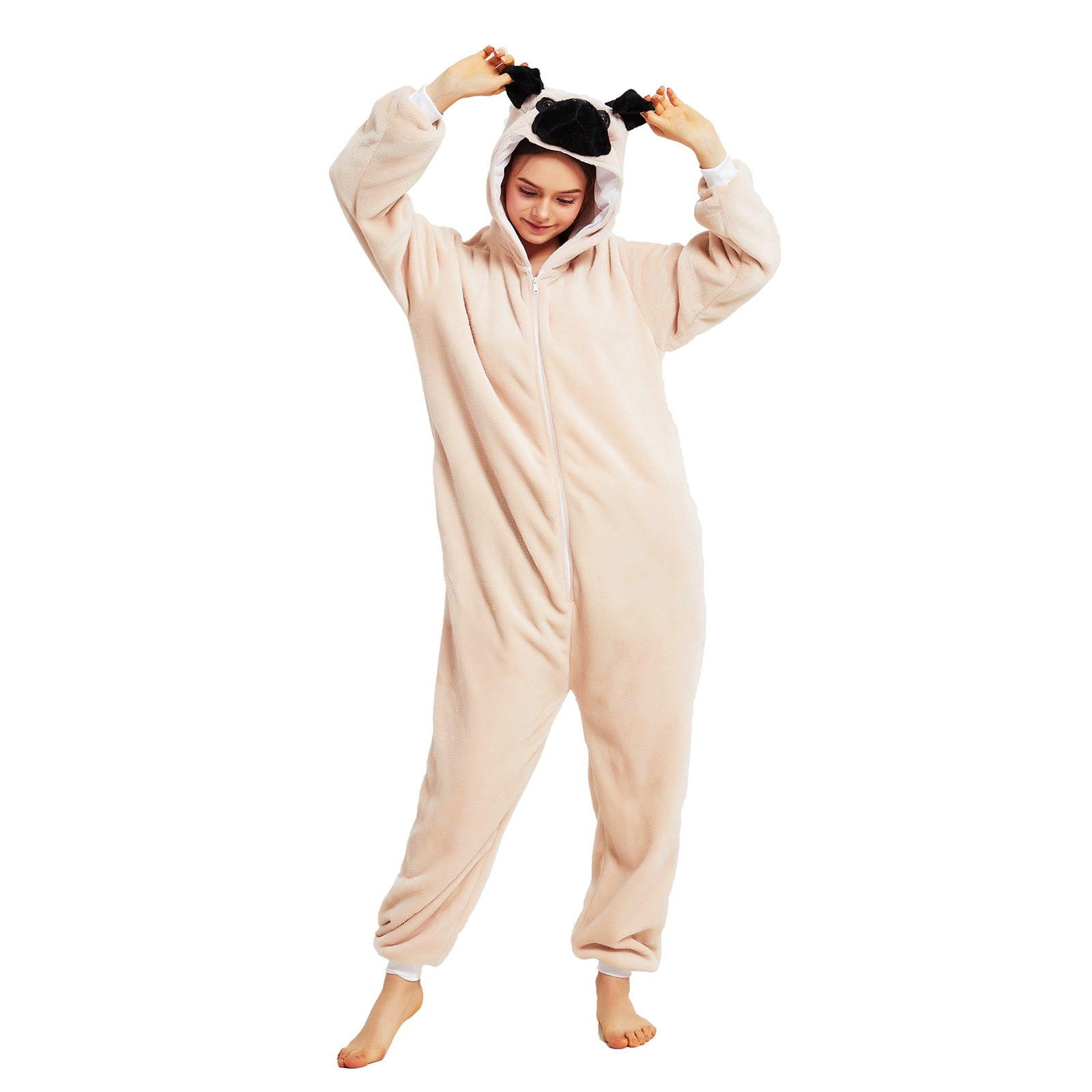 Fjofpr Pajamas Jumpsuits for Women Plus Size Fleece Fluffy Sleepwear Zip up Hooded Plush Rompers Cute Dog One Piece Pajamas Hooded Long-sleeved Pajamas Home Clothing Pajamas Beige L
