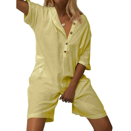 

Glonme Ladies Shorts Button Down Romper Half Sleeve Jumpsuits Beach Casual Bodysuit Loose Wide Leg Playsuit Yellow S