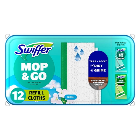 Swiffer Mop & Go Wet Cloths, Multi Surface Refills, Fresh, 12 Count