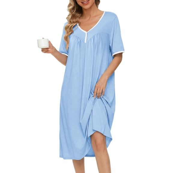Ekouaer Cotton Nightgowns for Women Short Sleeve Night Gown V Neck Sleep Shirt Button Nightshirt Soft House Dress
