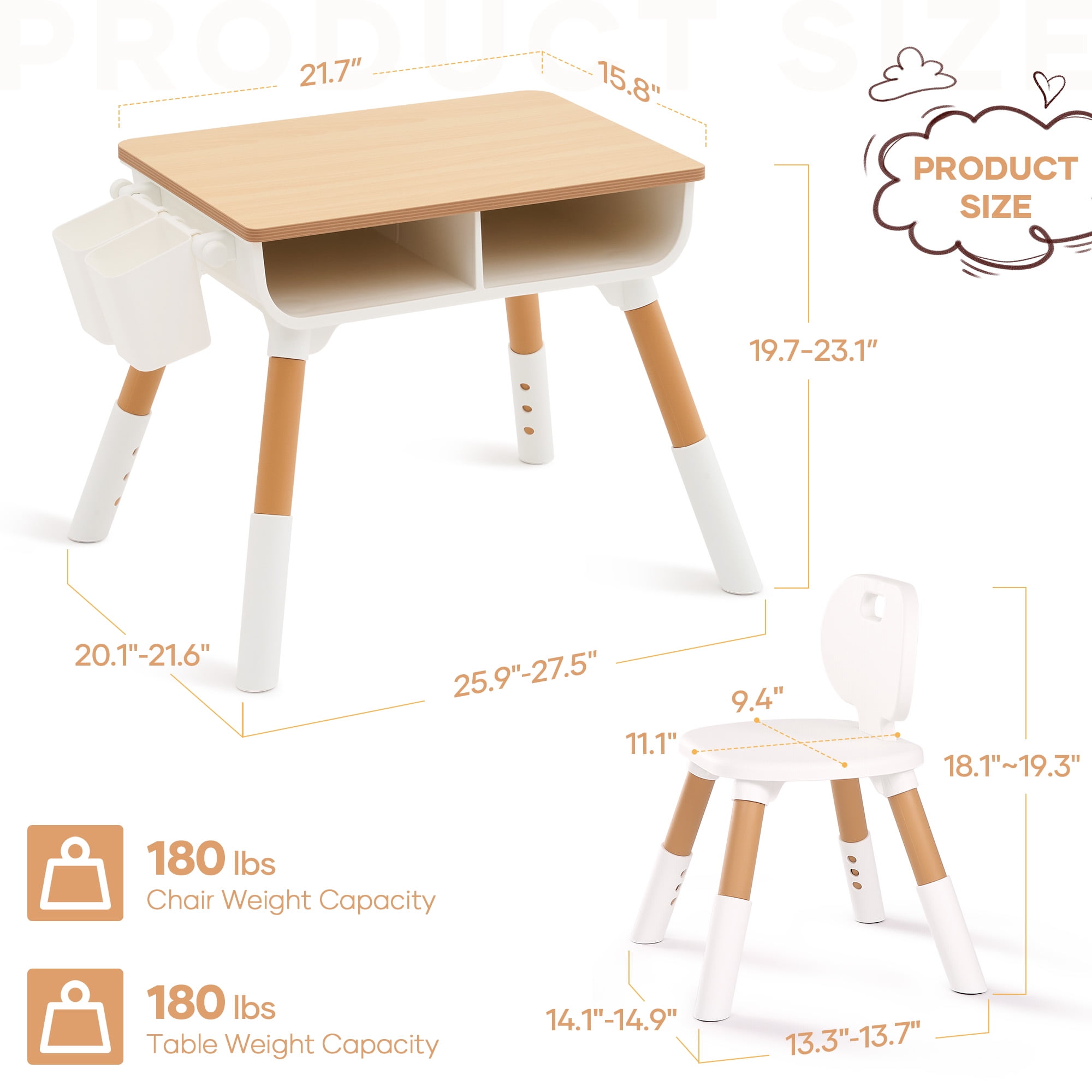 Naipo Adjustable Toddler Table and Chair Set with Drawer and Basket, Kids Furniture for Reading, Drawing, Eating, Preschool, Ages 3-8, White
