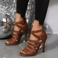 thumbnail image 4 of Dakaela Womens Peep Toe Platform High Heels Strappy Lace up Ankle Buckles Stilettos Wedding Party Hollow Dress Pumps Sandals 3.94 Inch (8.5,Brown), 4 of 9
