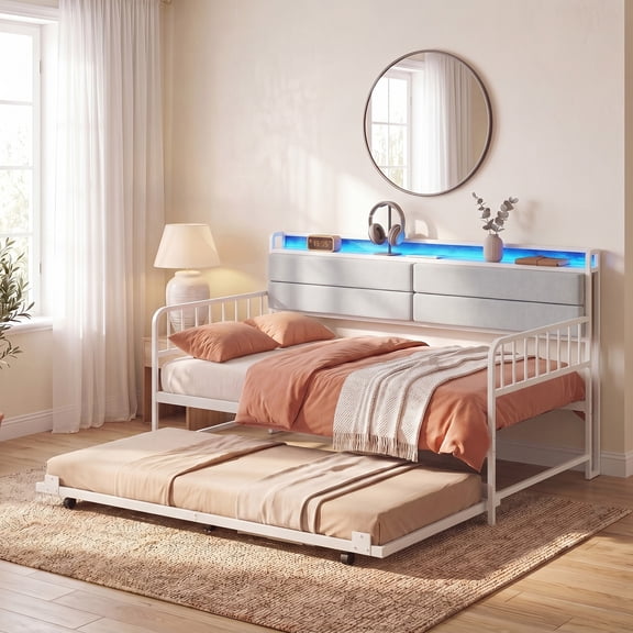 Costway Daybed with Trundle LED Lights Charging Station Upholstered Storage Headboard White