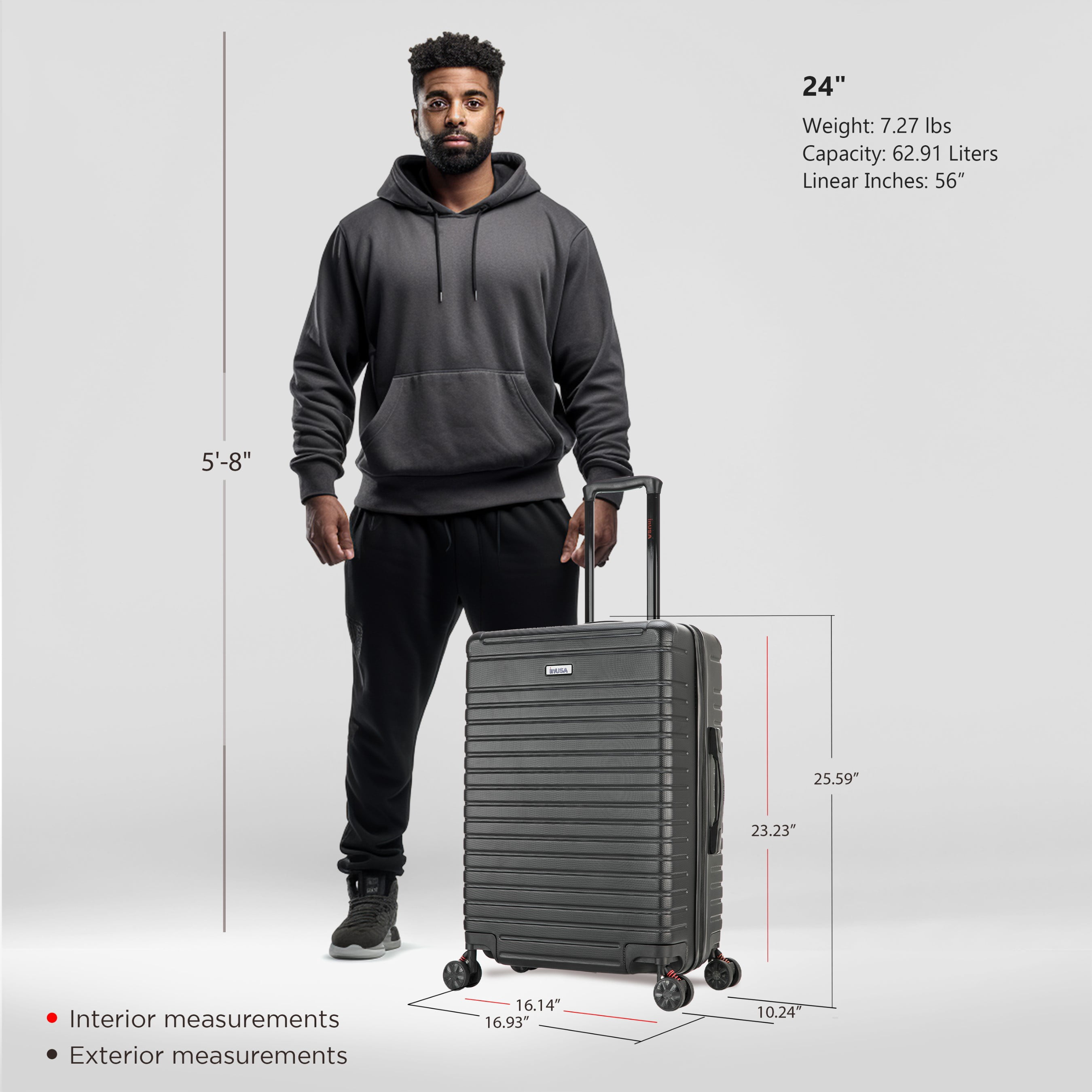 InUSA Deep 24" Hardside Lightweight Luggage with Spinner Wheels, Handle Studs, Trolley, Black