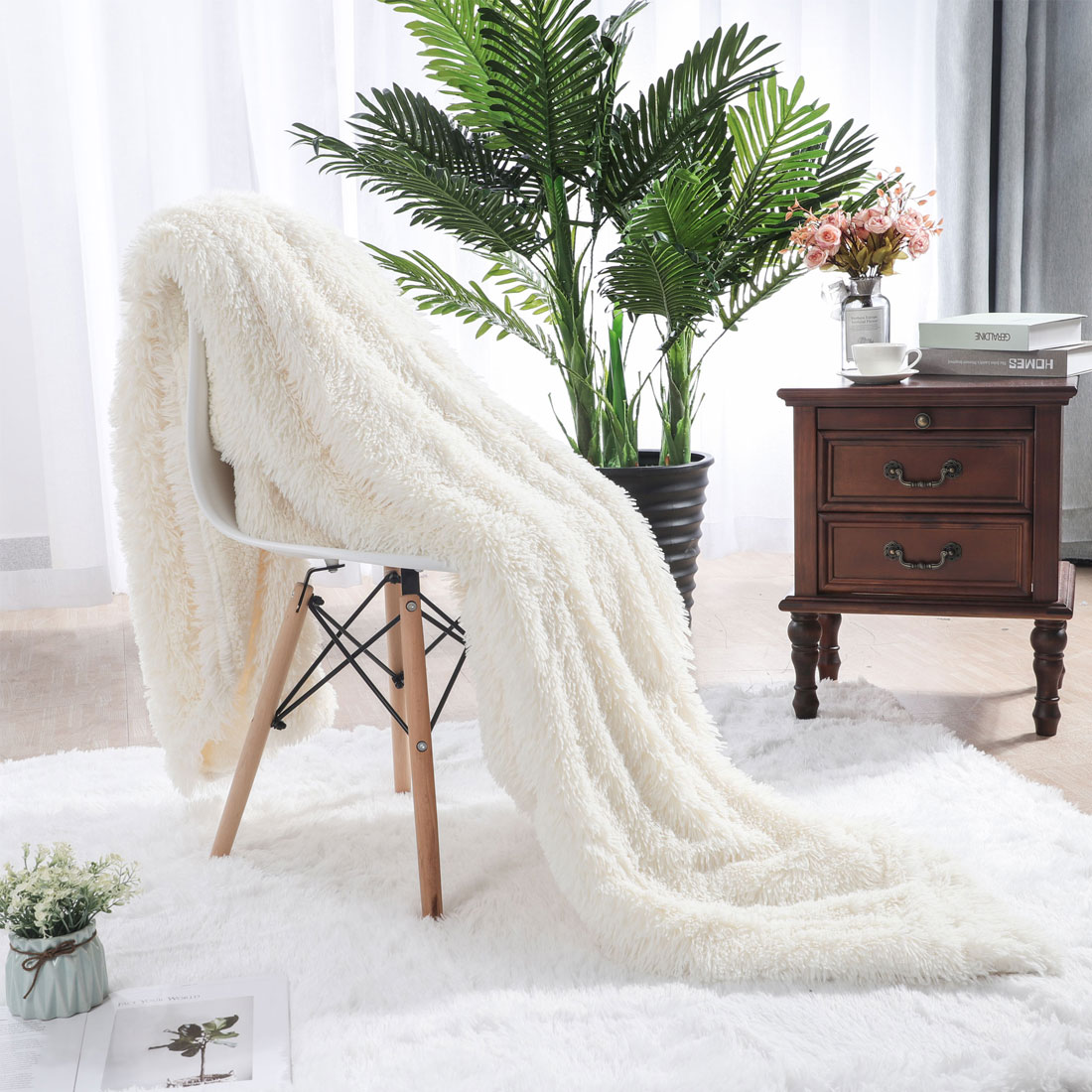 Unique Bargains Reversible Shaggy Faux Fur Blanket for Couch Cream